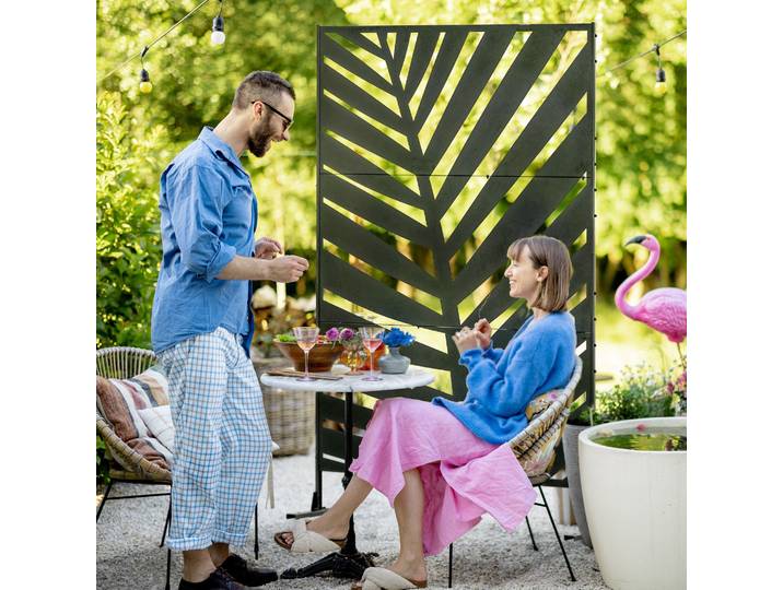 Outsunny Paravent Jardin Noir Motif Végétal Acier 122x45x198cm