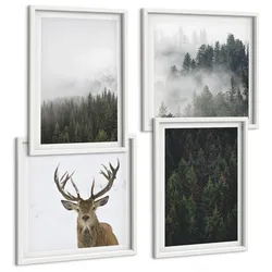 BILDER SET 4er Set - 50x50 cm & 40x60 cm Weißer Rahmen - Grüne Wälder, neblige Landschaft