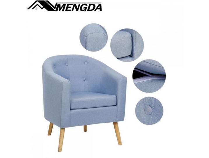 Fauteuil de salon-MENGDA-Fauteuil lounge-Fauteuil rembourré-Coussin d'assise en lin et pieds en bois-Style moderne-Bleu