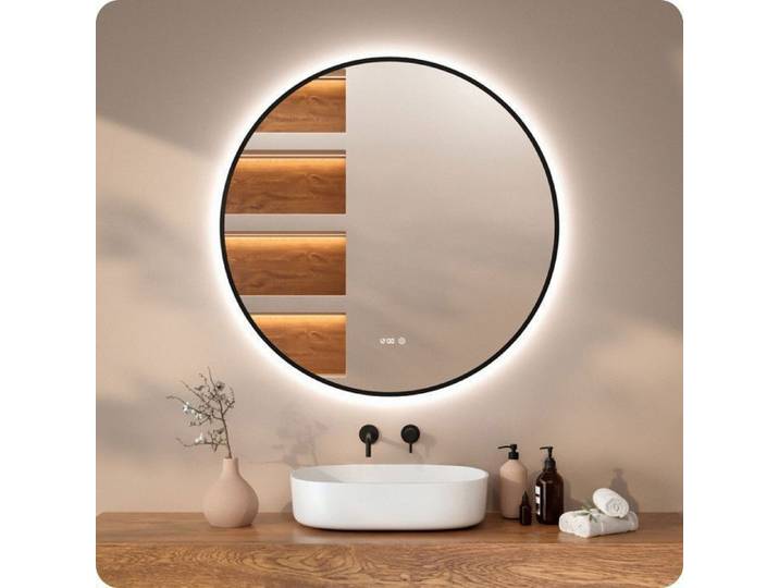 Mirlux Miroir de salle de bain Mirlux 120 cm - Anti-buée - avec LED - Ronde - Rétroéclairage - Cadre Noir - Essentials