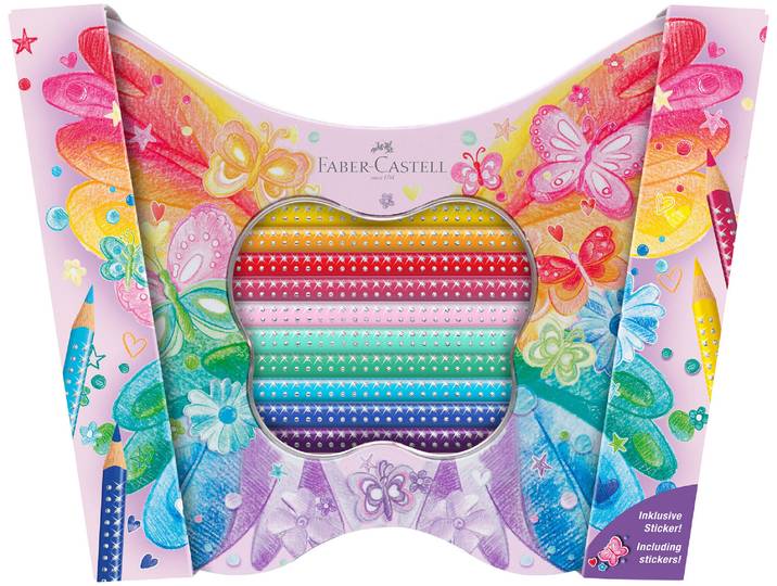 Faber Castell Sparkle Buntstift Metalletui in Schmetterlingsform mit 20 Sparkle Bunstiften, inkl. Schmetterlingssticker