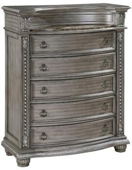 Benjara Toga Tall Dresser Chest, 5 Drawers, Gray Acacia Wood, Carved Details