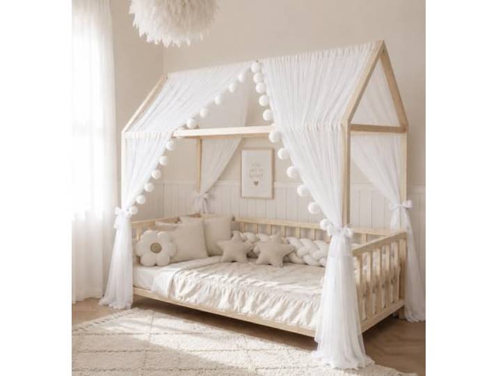 Baby Fancyroom Hausbett Himmel Betthimmel weiß/Ecru für Kinderbett Kinderzimmer Baldachin Bettvorhang Betthimmel für Mädchen Prinzessin Zimmer (340cm, mit Pompomgirlande)