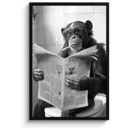 POSTER MIT RAHMEN Affe - WC - Zeitung - Schwarz-Weiß - Humor 60x90 cm