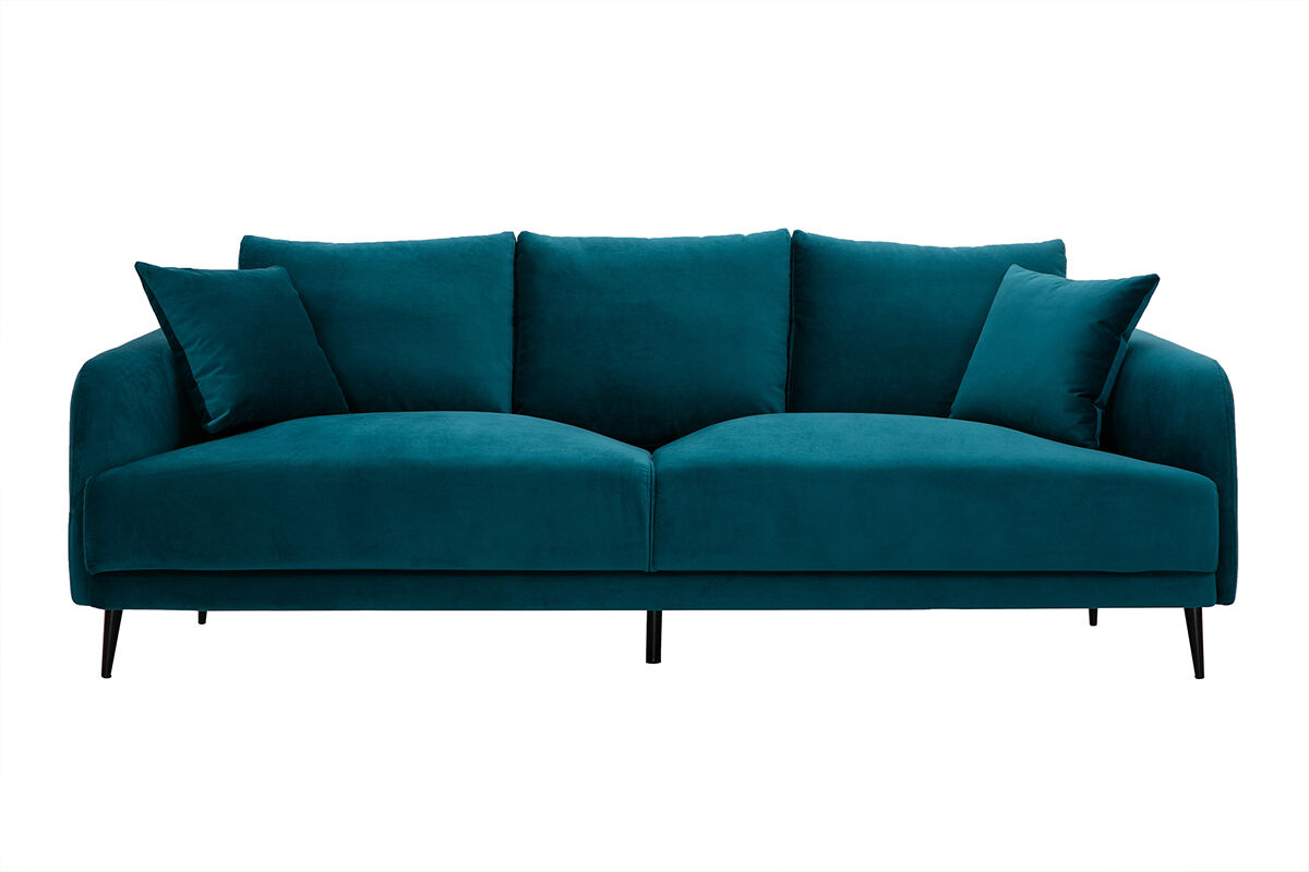 Miliboo Design-Sofa mit petrolblauem Stoff im Samtdesign und schwarzem Metall 3-Sitzer JERRY