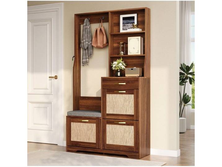 Garderobe d'entrée avec banc meuble à chaussures 3 abattants tiroir crochets MDF couleur noyer