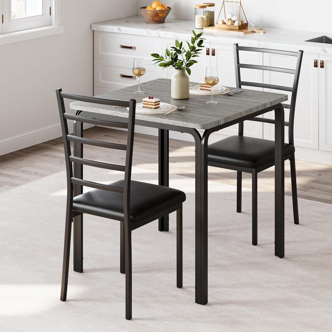 Brayden Studio Modern 3-Piece Dining Table Set for 2 – Space-Saving Square Table with 2 Upholstered Chairs, Metal Frame, Ideal for Apartments & Small Spaces – Sturdy Black/Black / Gray/Black/Gray