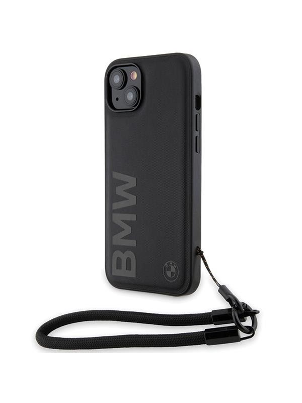 BMW Signature Leather Wordmark Cord Case for iPhone 15/14/13 - Black