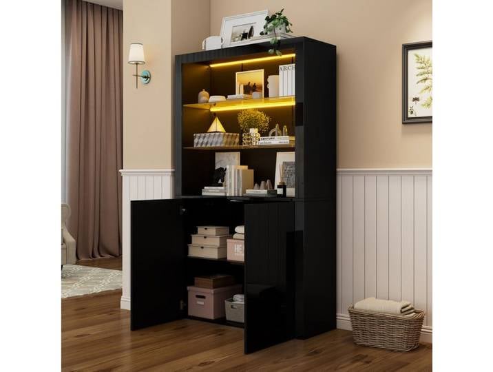 Vitrine haute noire AESVAR 100 x 35 x 170 cm avec LED 2 portes finition brillante