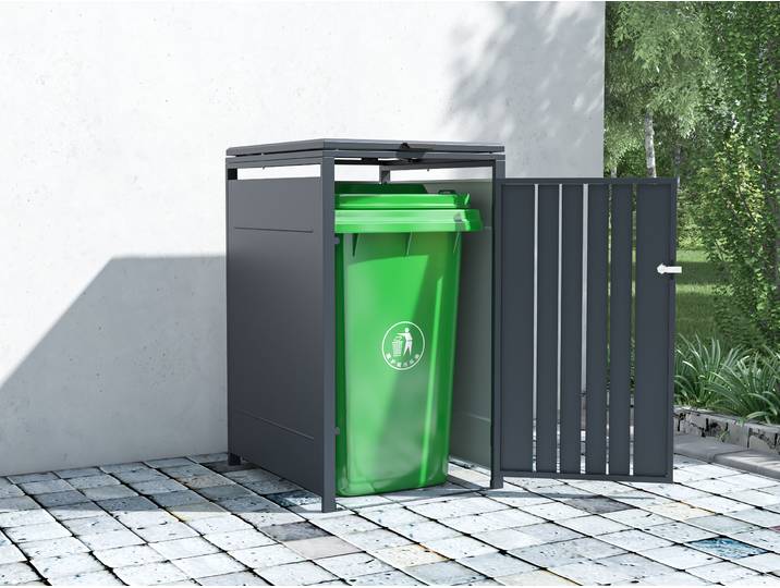 Mülltonnenbox KONIFERA Bilbao Premium, Metall pulverbeschichtet 120-240L , grau (dunkelgrau, tür in holzoptik), B:68cm H:117cm T:80cm, Stahl, Aufbewahrungsboxen, Mülltonnenbox, Deckel mit Gasdruckfeder, abschliessbar, 120-240L BxTxH: 68x80x117 cm