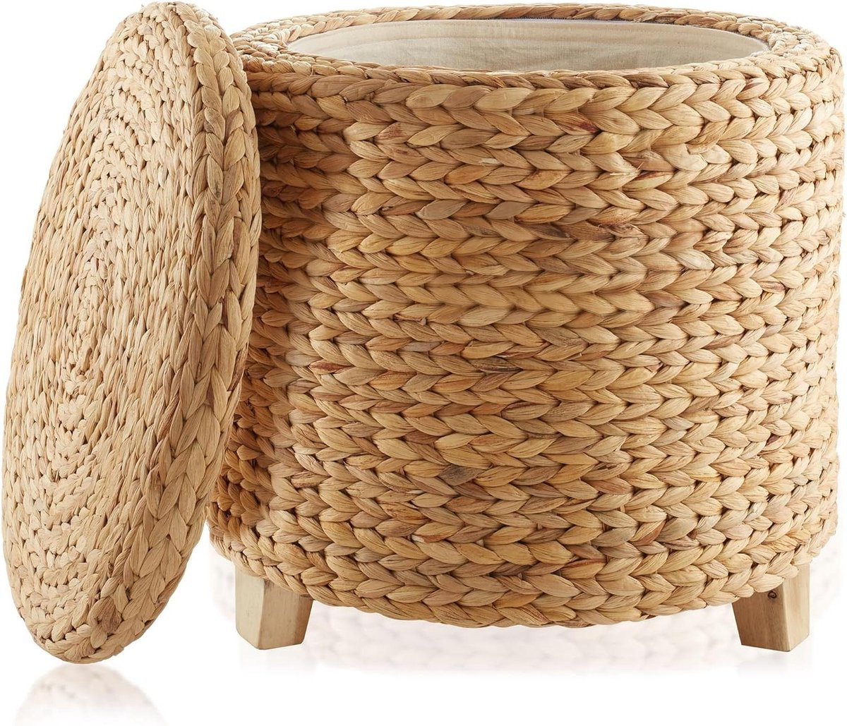 Ronde Opberg Poef Handgeweven Waterhyacint met Deksel - Natuurlijk - Diameter: 45 cm