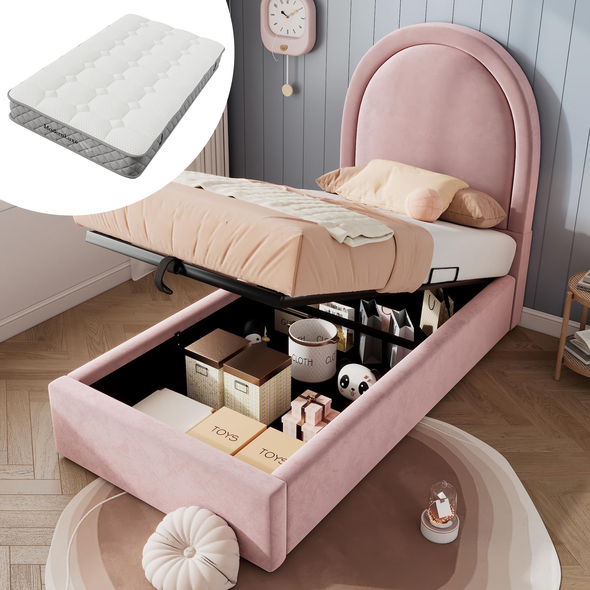 okwish Kinderbett 90x200 Polsterbett mit Matratze und Halbkreisbogen-Design,Einzelbett mit Lattenrost und Staubschutzhülle,Bettgestell Jugendbett aus Samtmaterial,Rosa