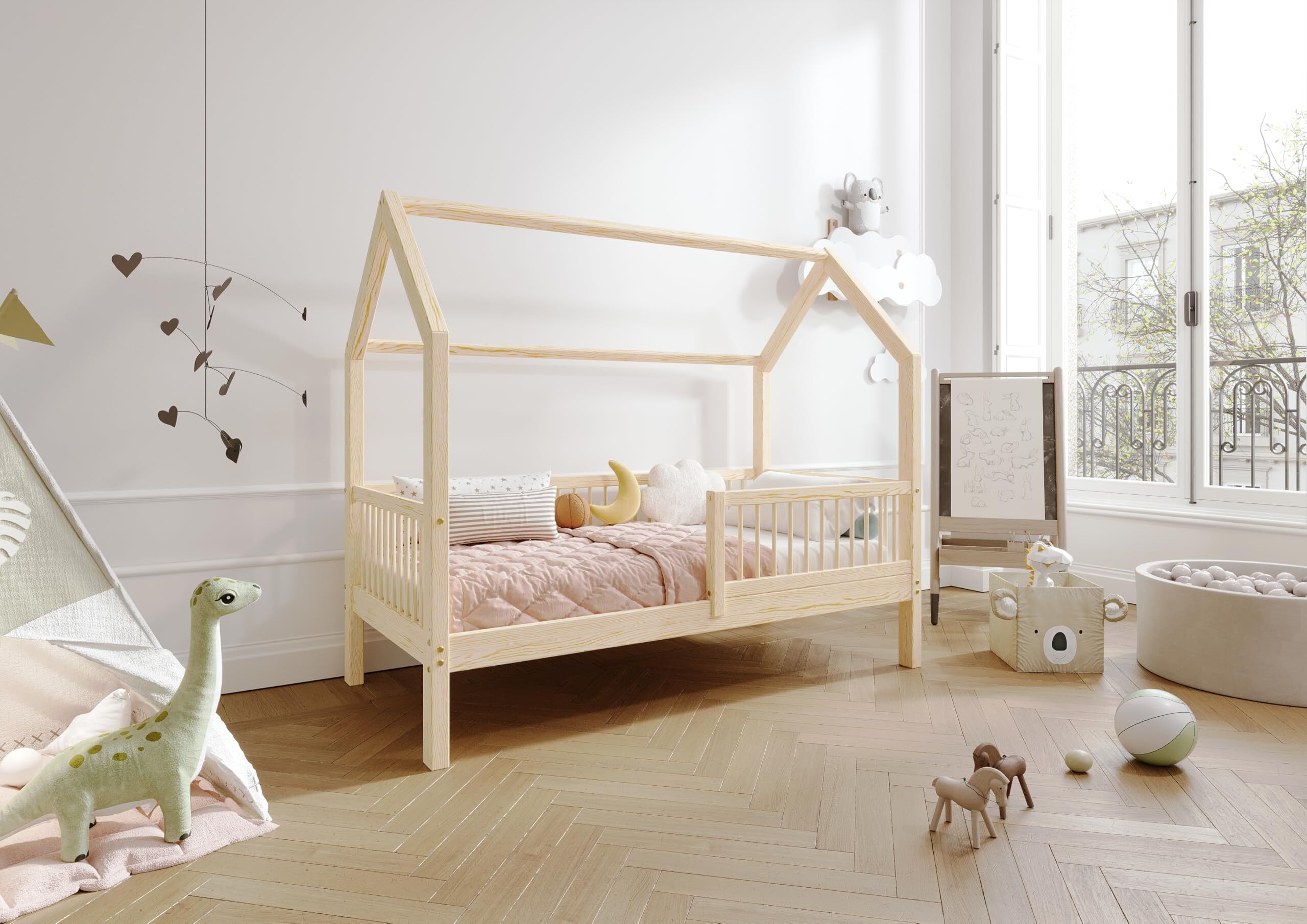 TIMBEE ZOJA Hausbett Kinderbett Holz Kinderzimmer Bett - Unlackiert - 90x200 - 23cm Beine