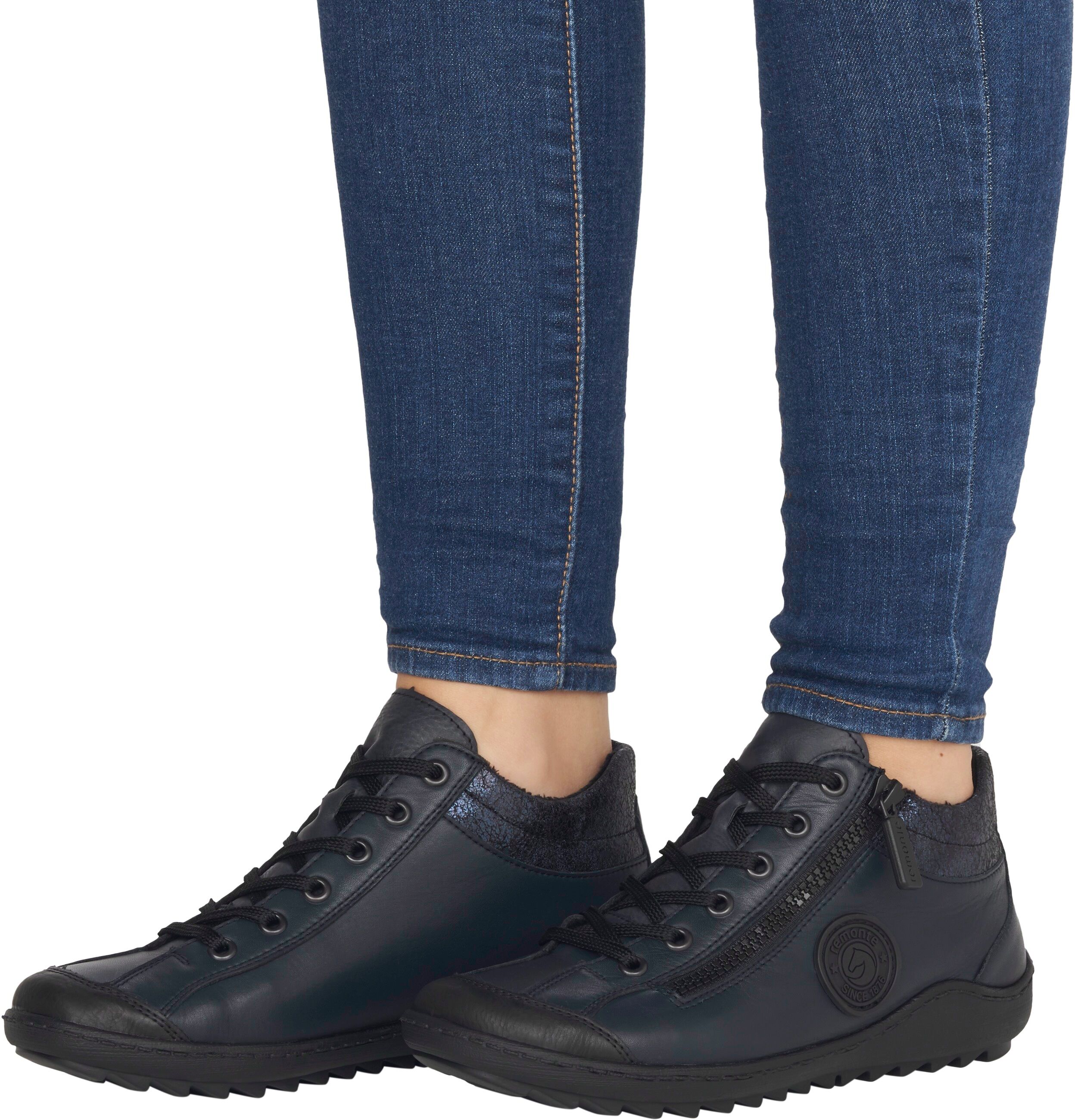 Schnürboots REMONTE, Damen, Gr. 40, wärmend, schwarz (dunkelblau, schwarz), Leder, Lederimitat, Schuhe Schnürboots, Flats, Komfortschuh, Boots mit seitlichem Reissverschluss dunkelblau, schwarz 40, wärmend