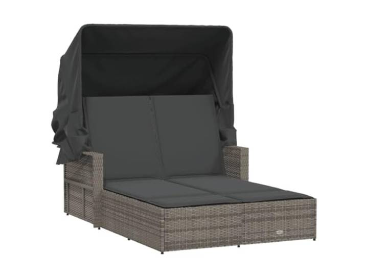 MNCVXAXG Doppelliege mit Baldachin und Kissen, grau, aus Polyrattan PE-Rattan, pulverbeschichteter Stahl, Rückenlehne 2 Positionen, abnehmbares Baldachin, abnehmbare Kissen, waschbar, UV,
