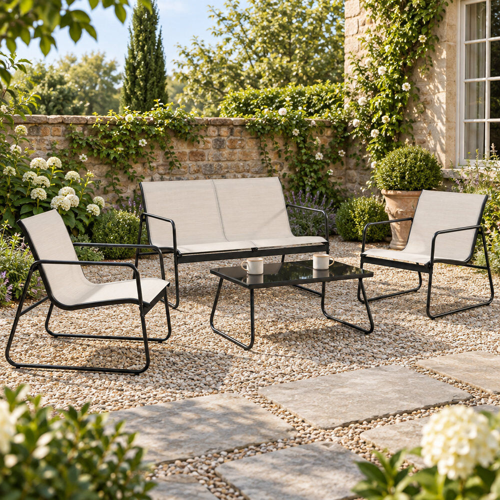 GRAND PATIO 4-Seater Garden Lounge Set with Mesh Seating and Glass Coffee Table, 4 Pieces Beige 4