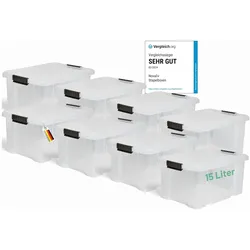 Novaliv 8x Aufbewahrungsboxen mit Deckel 15L transparente Nestbar stapelbare Storage boxes mit Clipverschluss Kunststoffbox BPA-frei 41 x 29 x 20 cm