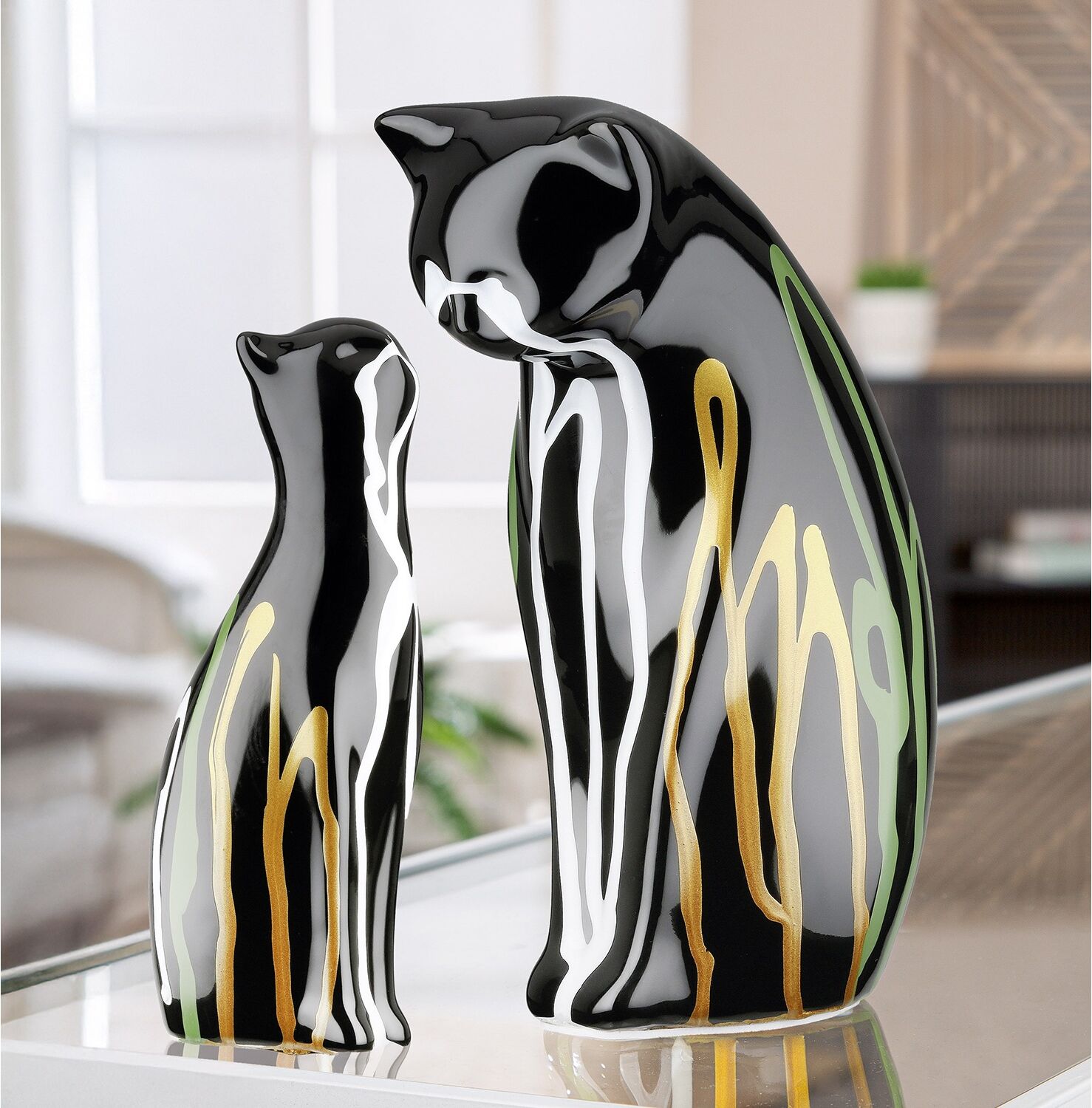 Skulptur GILDE "2tlg. Set Figur Katze Scuro schwarz", schwarz, B:14cm H:22cm T:8cm, Keramik, Dekofiguren, Skulptur, Tierfigur Wohnaccessoire Designkatze dekorativ Sammlerfigur schwarz B/H/T: 14cm x 22cm x 8cm, Katze