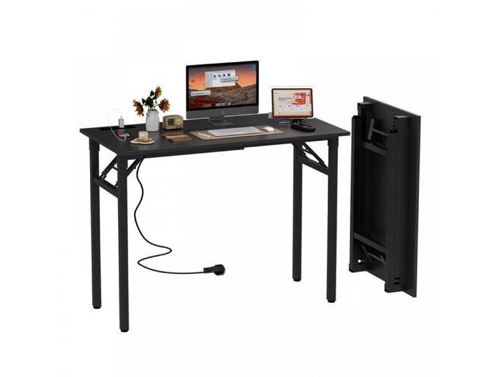 KEDIA Table Bureau Pliant Cadre en Métal Noir 100x50x76cm Avec 2 Prise de Charge USB et 2 Prise Bureau Pliant pour Étudier