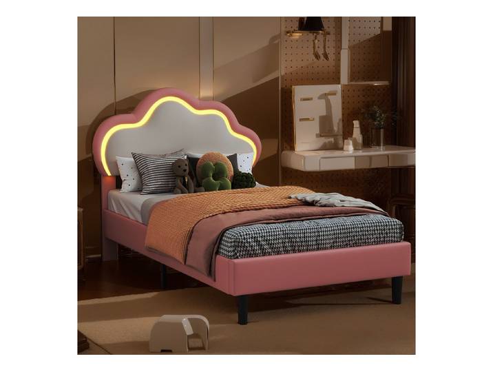 Gdood Polsterbett Doppelbett Wolkenkopfteil mit LED (Einstellbare Kopfteilhöhe und Beleuchtung), Einzelbett, Mit LED-Beleuchtung, Lattenrost, Kunstleder, 90x200 cm