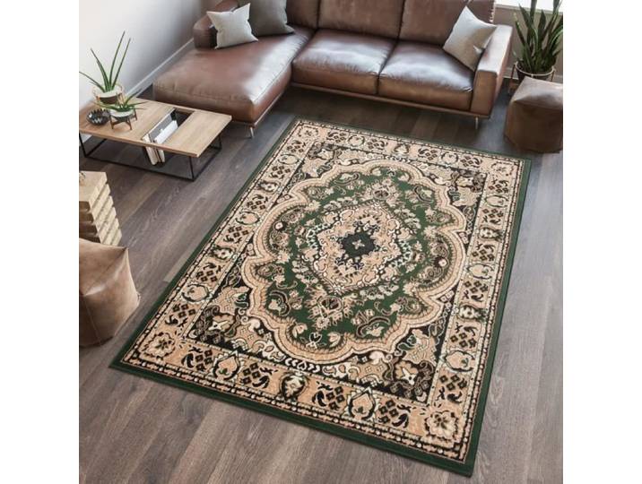 TAPISO Atlas Tapis Salon Design Traditionnel Vert Beige Floral Médaillon Bordé Doux 160x220 cm