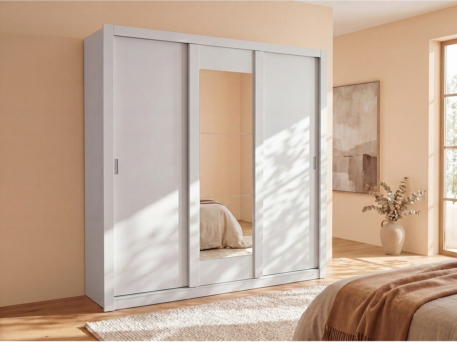Unique Armario con espejo ROXANE - 3 puertas correderas – Ancho 220 cm - Blanco