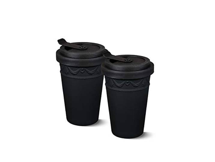 KPM Berlin KURLAND To-Go Becher Duo-Set 2tlg. matt schwarz mit Deckel, Porzellanbecher 0,35l, handgefertigte Kaffeebecher 14 cm im Geschenkkarton