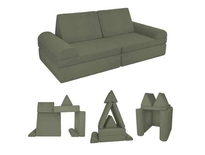 POKAR Kindersofa Spielsofa Cord aus Schaumstoff Bausteinen Modulares Spielsofa für Kinder Kuschelecke im Kinderzimmer Kindercouch Oeko-Tex 100 Zertifiziert Frühlings Erbse