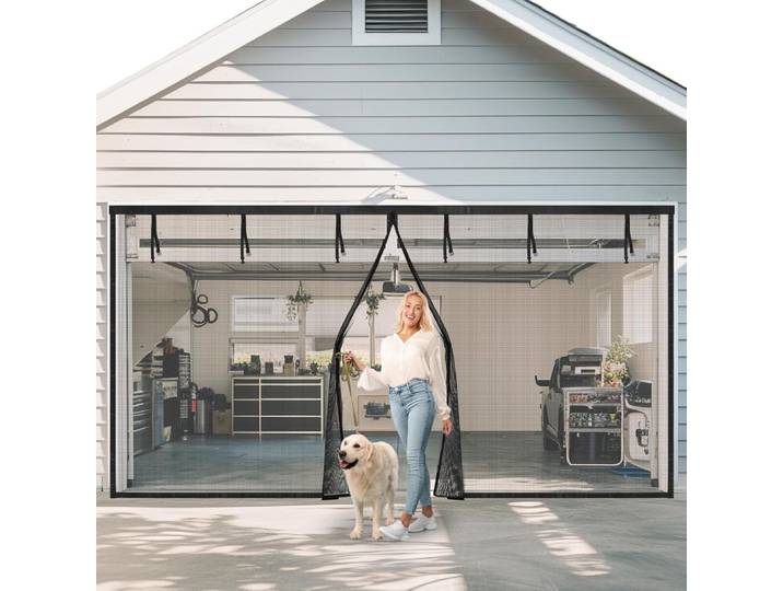 Portes Moustiquaires de Garage pour 2 Voitures, 16x7 Pieds, Magnétique, Durable, Rapide, Mains Libres, avec 6 Démarrages Enroulables