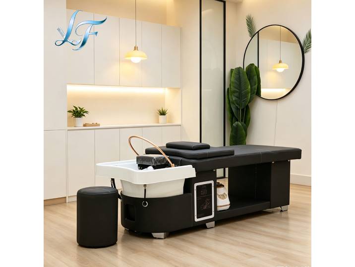 Lit de lavage japonais pour spa capillaire avec cascade, équipement de fumigation à cycle d'eau et espace de rangement