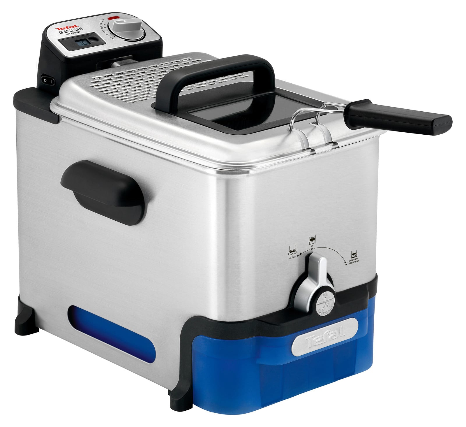 Tefal Oleoclean PRO FR 8040 Friteuse met digitale timer en olie koude zone, Zwart/RVS/Blauw/Zilver, 2300 W
