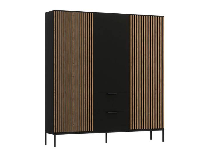 Petits-meubles Kleiderschrank 3 Türen Melchior Schwarz, Holzwerkstoff, 2 Schubladen, 185x200x60 cm, Schlafzimmer, Kleiderschränke