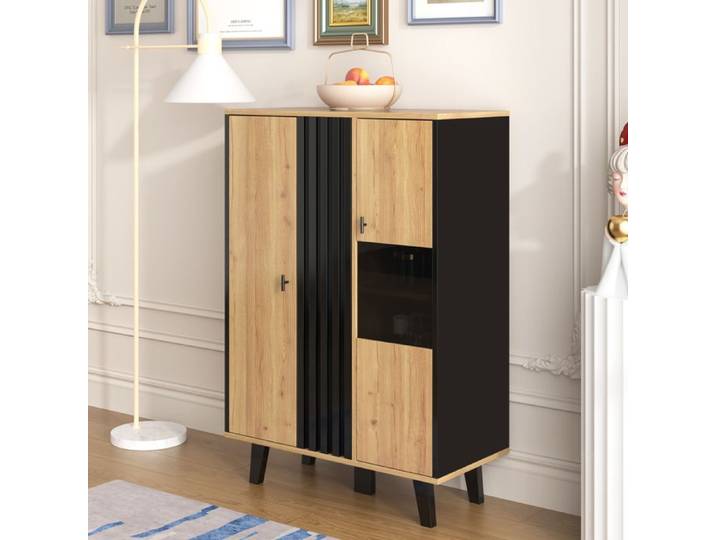 Buffet vitrine - 80x120x40 cm - Bois et noir - Éclairage LED - Rangement polyvalent