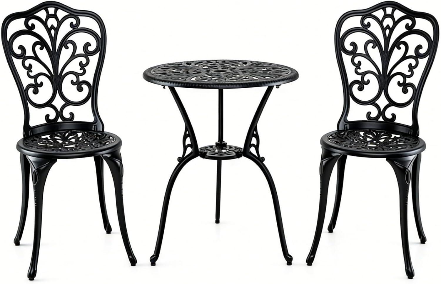 3-teiliges Bistro-Set aus Gussaluminium mit rundem Gartentisch und 2 Gartenstühlen, Bistrotisch mit Schirmloch, Balkonmöbel-Set für Terrasse, Balkon und Garten, Schwarz