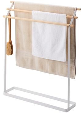 "Yamazaki Home Bath Towel Rack, Steel and Wood, Holds towels up to 54"" long, Holds 6.6 lbs - L 6.3 x W 28.35 x H 32.28 inches"