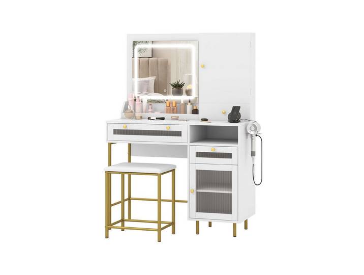 COSTWAY Schminktisch (1-St), mit LED & Ladestation, Hocker, Spiegel, Schrank