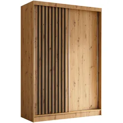 KLEIDERSCHRANK mit furnierten Schiebetüren und Aluminium-Leisten - LABELO - 150 cm Artisan+Artisan+Schwarz
