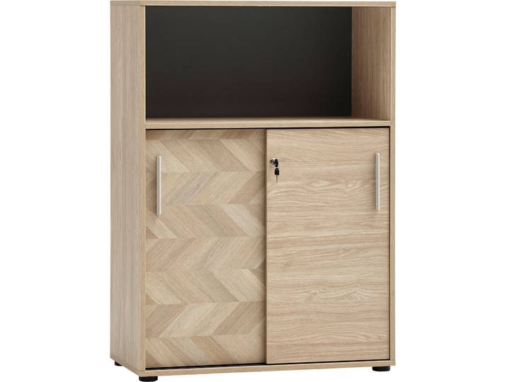 Schiebetürenschrank SCHILDMEYER AREZZO, Aktenschrank abschliessbar, Höe 150 cm, MADE IN GERMANY , beige (eiche hell, fischgräte), B:80,1cm H:113,4cm T:38,2cm, FSC-zertifizierter Holzwerkstoff, Schränke, Schiebetürenschrank, Linke Tür in Fischgräten Dekor, MADE IN GERMANY