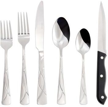 Elama 48 Piece Mirror Polished + Sand Blasted Stainless Steel Flatware Set with Steak Knives