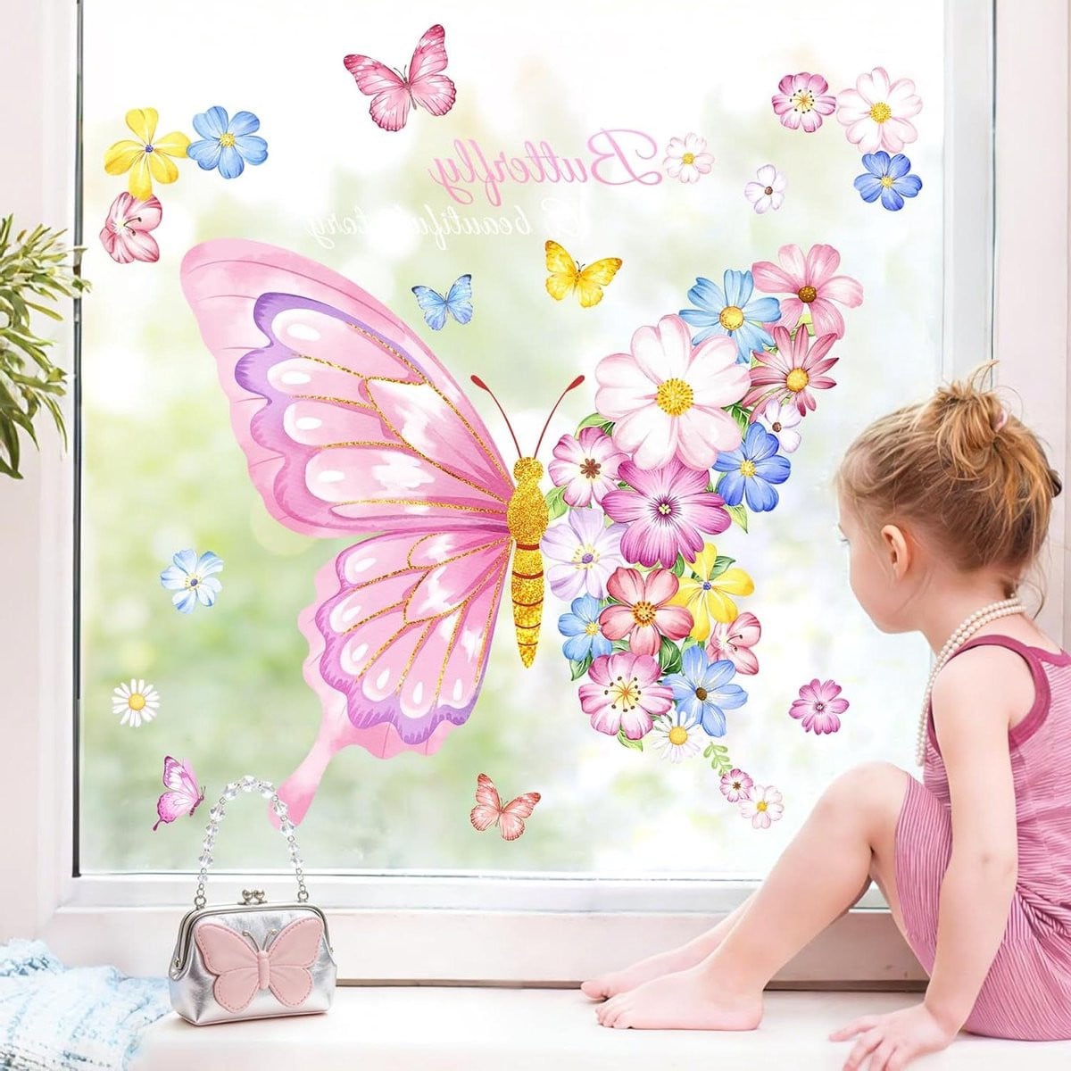 Raamstickers Vlinder en Bloemen - Dubbelzijdig Bedrukte Raamdecoratie en Wanddecoratie - 6 Vellen - Roze