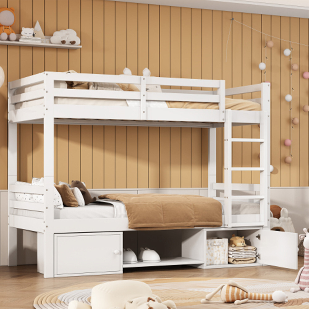 Kinderbett,Etagenbett mit Schuhregale und Schließfächer, Bett aufgeteilt in 2 Einzelbetten, Jugendbett, Einzelbett,90x200cm