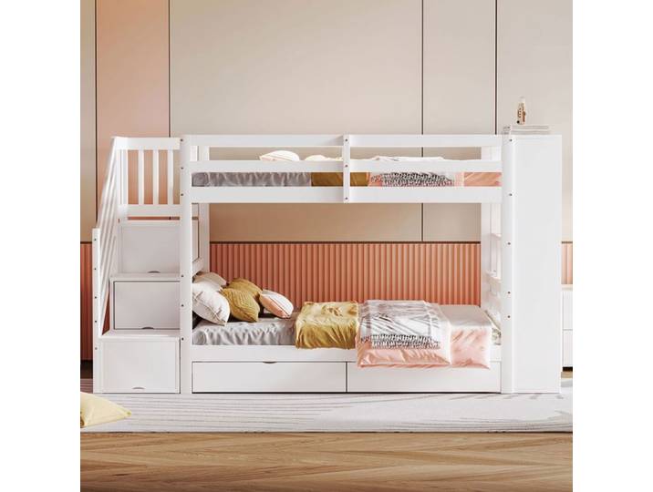 Lit superposé enfant - AUTREMENT - 90x200 cm - Blanc - 2 tiroirs - Escalier de sécurité