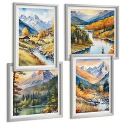 BILDER SET 4er Set - 50x50 cm & 40x60 cm Silberner Rahmen - Berglandschaft, Flusshütten