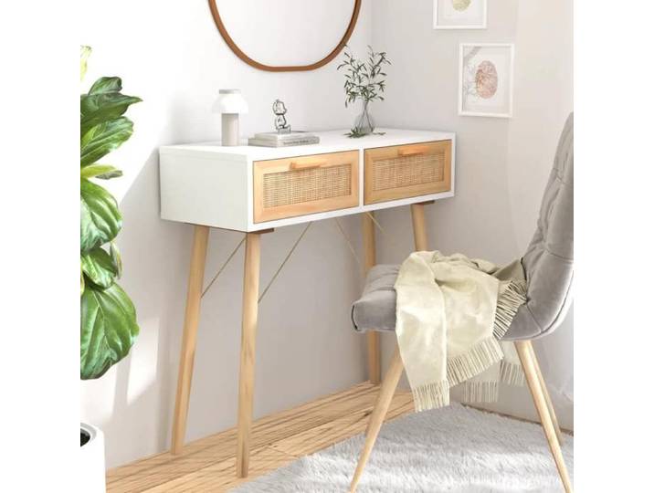 SALE 2025 Table console - Table d'appoint Scandinave - Blanc 80x30x75 cm Bois massif pin /rotin naturel 12 35 Kg 1705