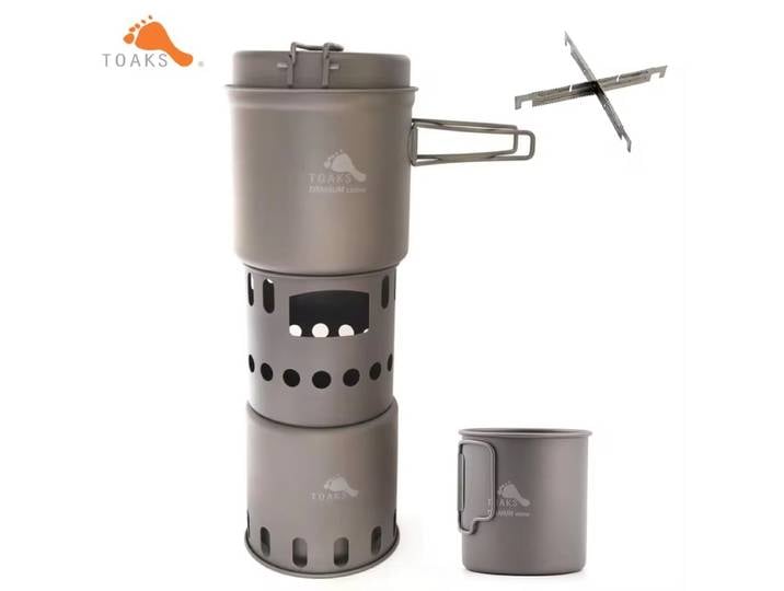 TOAKS-Poêle à bois en titane ultraléger, équipement de camping, pot avec casserole, tasse, ensemble de chlore, 1100ml, 450ml