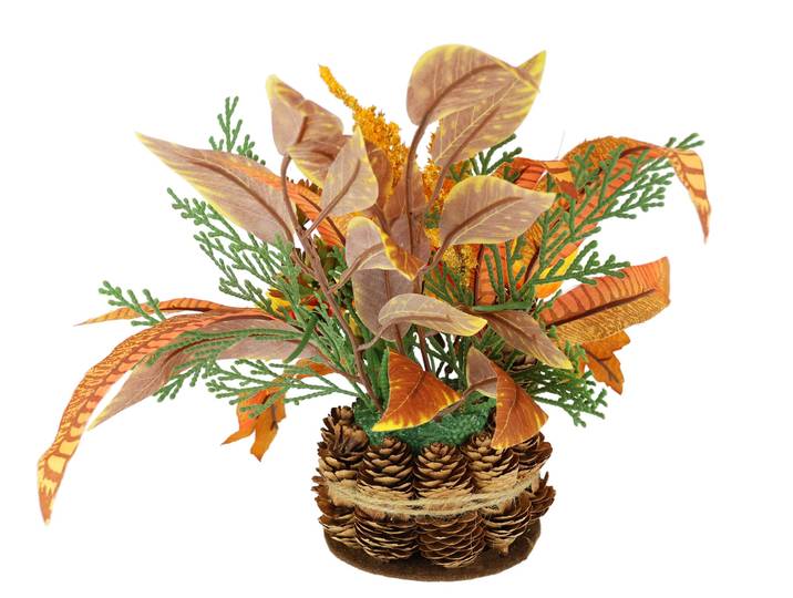 Kunstblume I.GE.A. Herbstgesteck Chrysanthemen , gelb, B:20cm H:24cm L:16cm, Polyester, Kunstpflanzen, Kunstblume, Im Zapfentopf mit Physalis, Eule, Herbstlaub