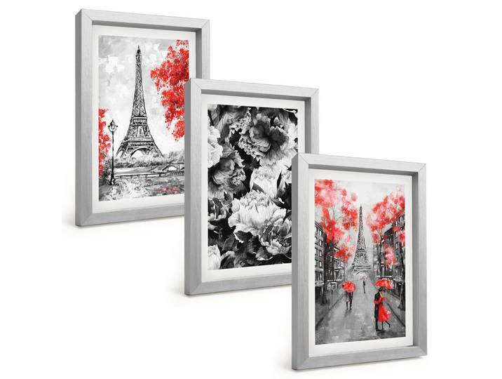 Tulup Bilder SET 3er Set - 20x30 cm Silberner Rahmen - graue Gemälde des Eiffelturms, Silberfarben, Kunststoff, Rechteckig, 20x30 cm, einfache und schnelle Anbringung, Bilder & Rahmen, Bilder