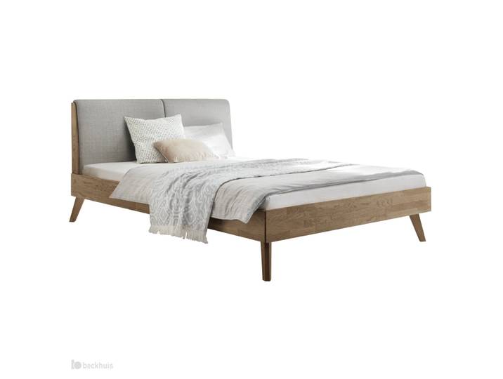Bettgestell, Massivholz Eiche, Braun, 166×215 cm, Mit Gepolstertem Kopfteil, Hasena