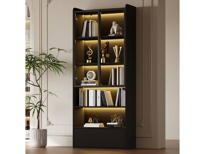 VUENOR Vitrine 80 x 34 x 180 cm noire en MDF et verre avec LED et 1 tiroir