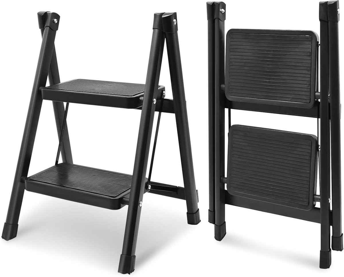 Famanu Compacte inklapbare trapladder met 2 treden, zwart staal met antislip rubberen voeten